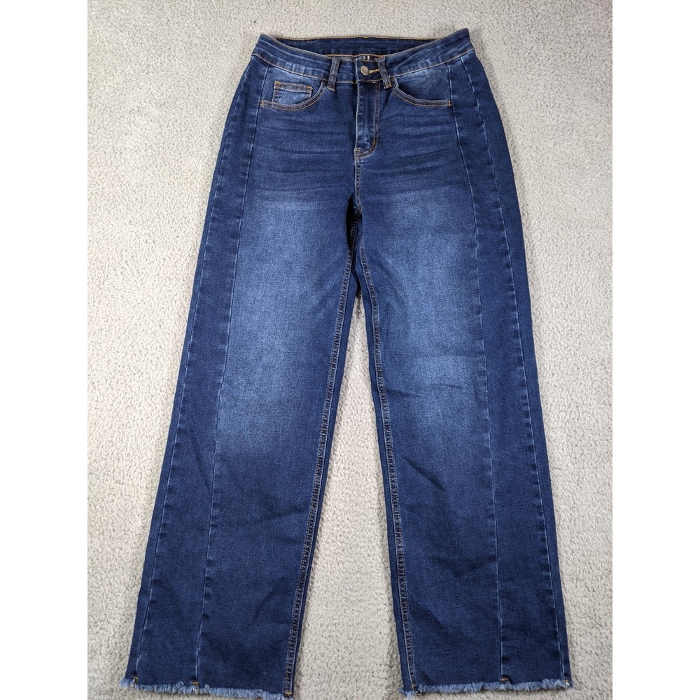 Pretty Garden Wide Leg Jeans Womens 8 Blue Stretch High Rise Raw Hem Y2K Grunge